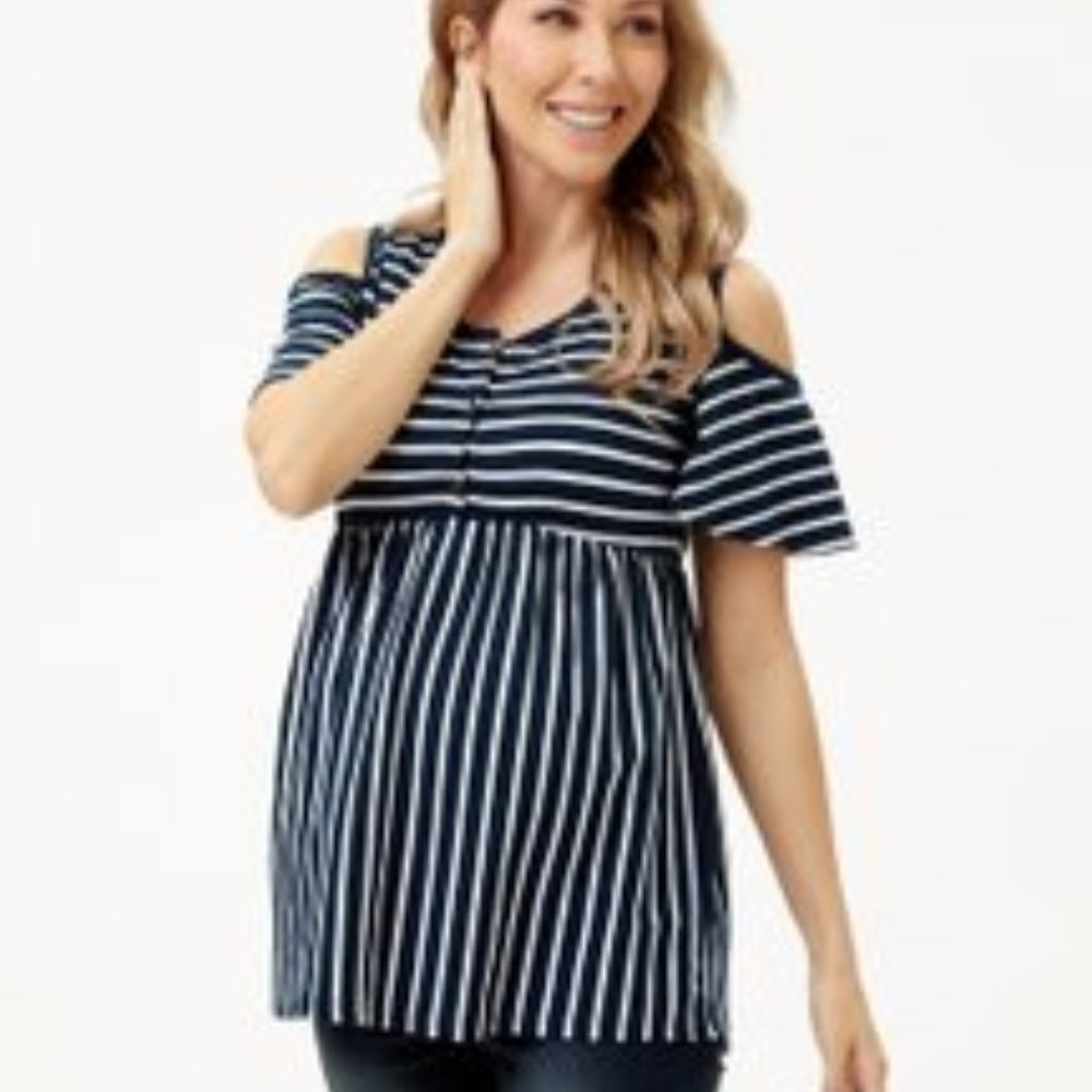 Times 2 / Navy & White Maternity Button-Front Cold-Shoulder Top / Size M / NWT